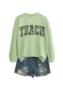 Detail of TEACH letter print with heart patterns on light green long sleeve sweatshirt - Olive Green (Black Font)