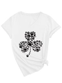 Dettaglio di t-shirt bianca con scollo a V, stampa a trifoglio e orlo annodato - S / Bianco (Carattere Nero)
