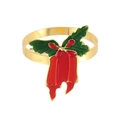 Detail showing Christmas napkin ring with green holly leaves and red ribbon bow - Enamel Red Bell Style