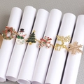 Detailed close-up of a 6-piece Christmas napkin ring set with colorful enamel holiday icons - Christmas Element Set 1 (Snowflake/Wreath/Reindeer/Snowman/Candy Cane/Tree)