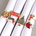 Detailed view of 6-piece Christmas napkin rings set with enamel snowman and tree - Christmas Element Set 2 (Reindeer Wreath/Merry Xmas/Hat/Tree/Stocking/Apple)