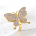 Golden butterfly napkin ring with pink enamel wings and rhinestones on white cloth - Gold Rhinestone Enamel Butterfly Napkin Ring