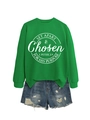 Detail of green crewneck sweatshirt with white Bible verse print and denim shorts set - S / Grass Green (White Font)