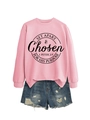 Close-up of pink crewneck sweatshirt with SET APART circular text and denim shorts - Pink (Black Font)