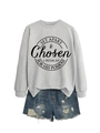 Detail of grey crewneck sweatshirt with religious text print and distressed denim shorts - Grey (Black Font)