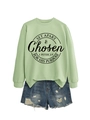 Detail of light green sweatshirt with religious print and ripped denim shorts set - Olive Green (Black Font)