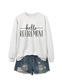 Close-up of hello RETIREMENT printed sweatshirt and distressed denim shorts set - Off-White (Black Font)