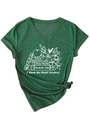 Detail of dark green V-neck T-shirt with book and flower print and tied hem design - Vintage Green (White Graphic)