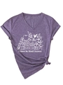 Detail of V-neck heather purple T-shirt with book and floral graphic and side knot - Purple (White Graphic)