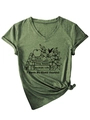 Detail of heather green V-neck T-shirt with bookish graphic print and knotted hem design - Olive Green (Black Graphic)
