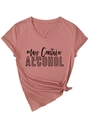 Close-up of May Contain Alcohol text on dusty pink V-neck T-shirt with front knot detail - Rose Gold (Black Font)