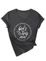 Detail of V-neck dark grey t-shirt with Girl's Trip 2026 print and side knot design - Black Marled (White Font)