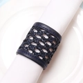 Handcrafted dark blue braided leather napkin ring with elegant contrast stitching detail - Black Leather Woven Napkin Ring
