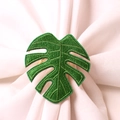 Handcrafted green Monstera leaf embroidered napkin ring with gold metal ring holder - Handmade Monstera Leaf Napkin Ring