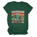 Detail of desert cactus print on a dark green crew neck cotton t-shirt with rolled sleeves - Retro Green (Cactus Graphic)