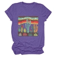 Detailed view of cactus and succulent print on purple short sleeve t-shirt fabric - Purple (Cactus Graphic)