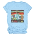 Women's light blue crew neck cotton T-shirt with vintage desert cactus graphic print - Light Blue (Cactus Graphic)