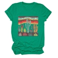 Close-up of green cotton T-shirt featuring a desert cactus graphic with sunset stripes - Dark Green (Cactus Graphic)