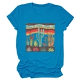 Close-up of vibrant desert cactus graphic print on turquoise short sleeve cotton T-shirt - Lake Blue (Cactus Graphic)
