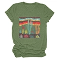 Flat lay of green cactus print t-shirt with retro desert illustration and crew neck - Olive Green (Cactus Graphic)