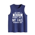 Detail of navy sleeveless tank top featuring humorous white typography slogan print - Vintage Blue
