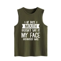 Close-up of army green sleeveless tank top with white slogan print on premium cotton - Army Green