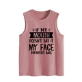 Close-up of rose pink sleeveless vest with funny slogan and soft knit texture - Rose Gold