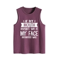 Close-up of purple oversized tank top with IF MY MOUTH DOESN'T SAY IT white slogan - Fuschia