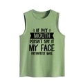 Close-up of heathered green tank top featuring the humorous black slogan typography - Olive Green
