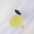 Detailed view of handmade lemon embroidered napkin ring with a polished gold finish - Handmade Embroidery Lemon Napkin Ring