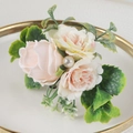 Pink and cream rose napkin rings with pearl accents on a white porcelain plate - Pearl Pink Rose Style