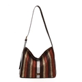 Bolso tote retro de punto con rayas verticales rojas y marrones y correas de cuero elegantes - Cuadros granate