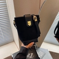 Minimalist black bucket bag in suede and leather with a gold square buckle - Black
