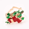 Rond de serviette de Noël avec émail rouge et vert sur une base en métal doré brillant - Rond de serviette Boîte cadeau