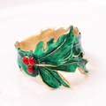 Christmas holly leaf napkin ring with green enamel and red berries on gold metal base - Red Berry Napkin Ring