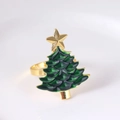 Detail view of a gold-toned Christmas tree napkin ring with green enamel and star - Christmas Tree Napkin Buckle (Green)