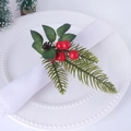Close-up of harvest napkin ring with red berries, pine needles and realistic green leaves - Christmas Berry Pine Needle Style / Green