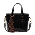 Elegant black glossy leather bucket bag with vintage bronze rivets and adjustable strap - With Pendant / Black