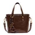 Dark brown retro bucket bag in glossy PU leather with gold buckle and handle charm - With Pendant / Brown