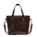 Dark brown glossy leather bucket bag with top handle and vintage abacus pendant - With Pendant / Coffee