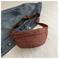 Detail of red-brown checkered tweed chest bag with nylon strap and buckle closure - Brown