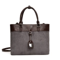 Retro grey corduroy and brown leather patchwork tote bag with adjustable shoulder strap - Large / Gray