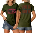 Detailed close-up showing double-sided 1776 America print on olive green cotton t-shirt - Army Green
