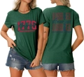 Close-up of vintage 1776 America 250 Years of Freedom print on dark green t-shirt - Vintage Green