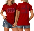 Front and back detail of 1776 America 250 red cotton t-shirt with patriotic printing - Red