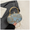 Elegant light blue evening bag with gold floral embroidery and metallic top handle - Blue