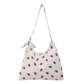Borsa tote in tela bianca con stampa a fragole rosse, tracolla larga e fiocco - Fragola Bianco
