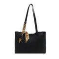 Black large-capacity tote bag with vintage scarf accent on shoulder strap for commute - Black