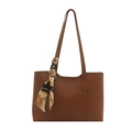 Caramel brown faux leather tote bag with elegant chain print scarf and long straps - Tan
