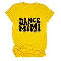 Close-up of bright yellow cotton T-shirt featuring DANCE MIMI print and rolled sleeves - Yellow (Black Font)